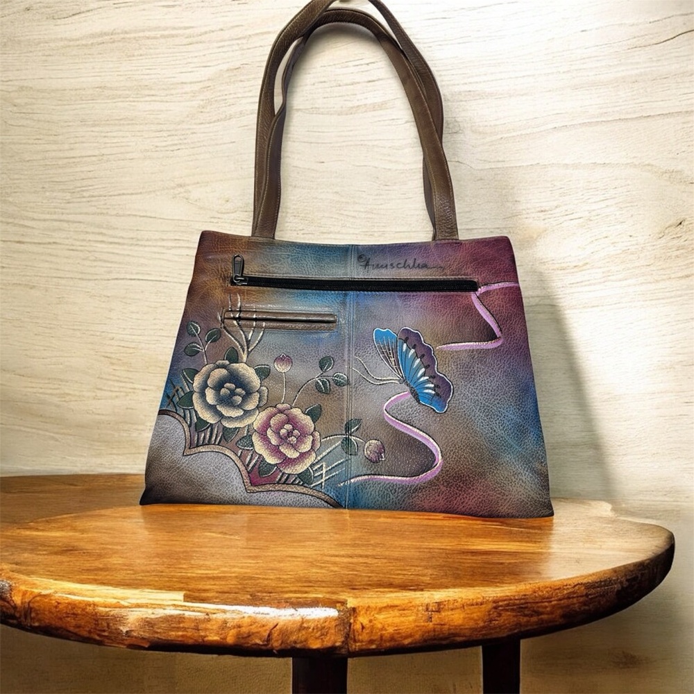 Anuschka Hand Painted Leather Shoulder/Tote Bag Floral Butterfly Art Purse - Picture 2 of 12